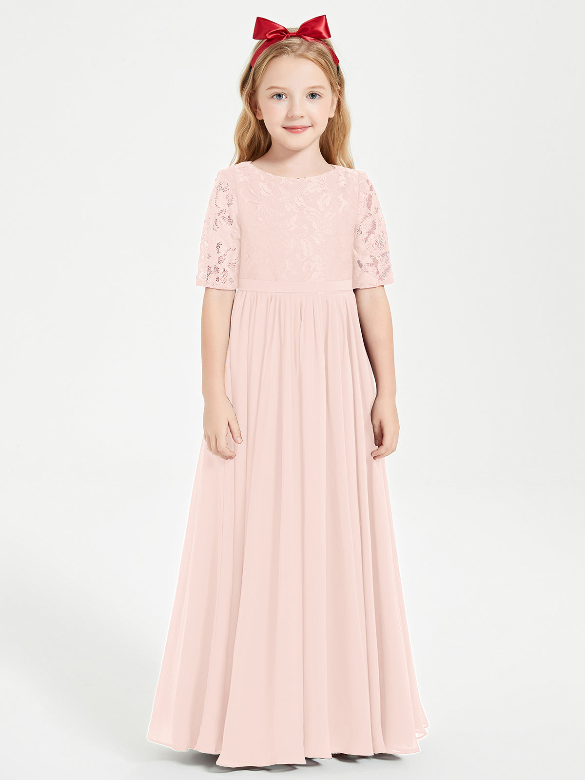 Lace Top Half Sleeved Junior Bridesmaids Dresses Pearl Pink